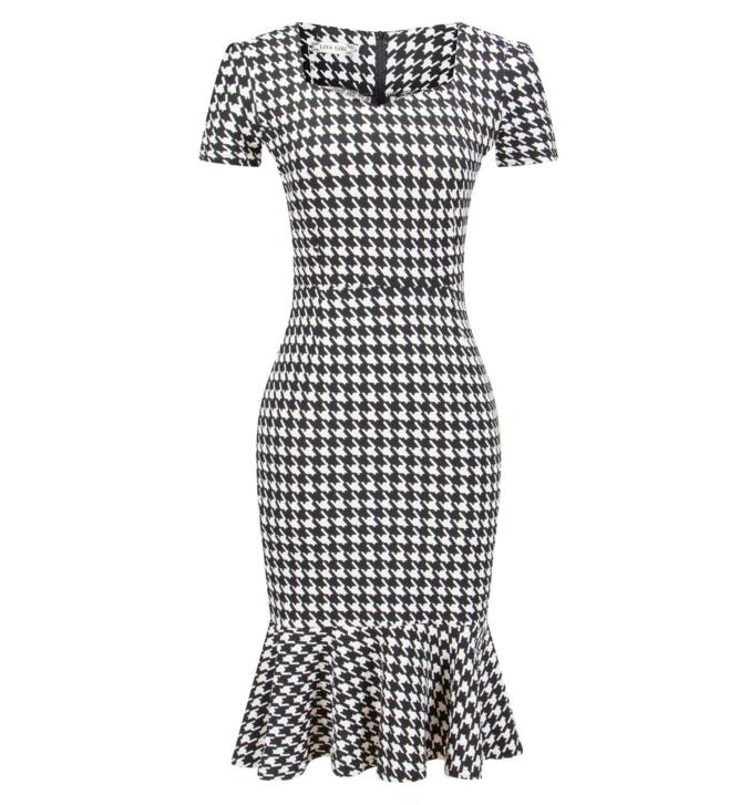 F2496 Stylish Houndstooth Printed Short Sleeves Fitted Fishtail Bottom Dress